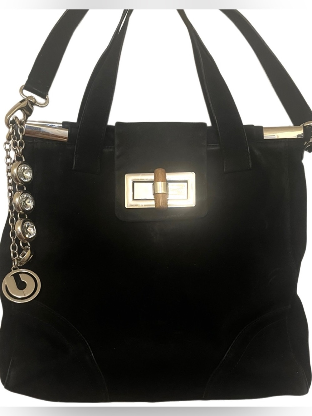 Charles Jordan Black Suede Tote Bag with Bamboo & Gold Accent